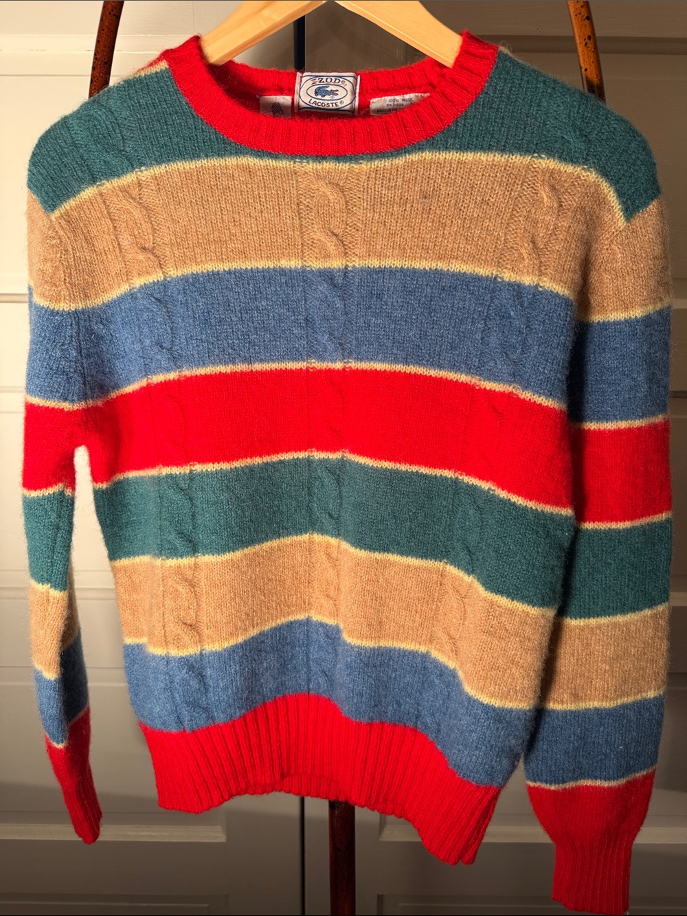 Vintage IZOD Lacoste 100% Wool Cable Knit Striped Sweater Made in Hong Kong